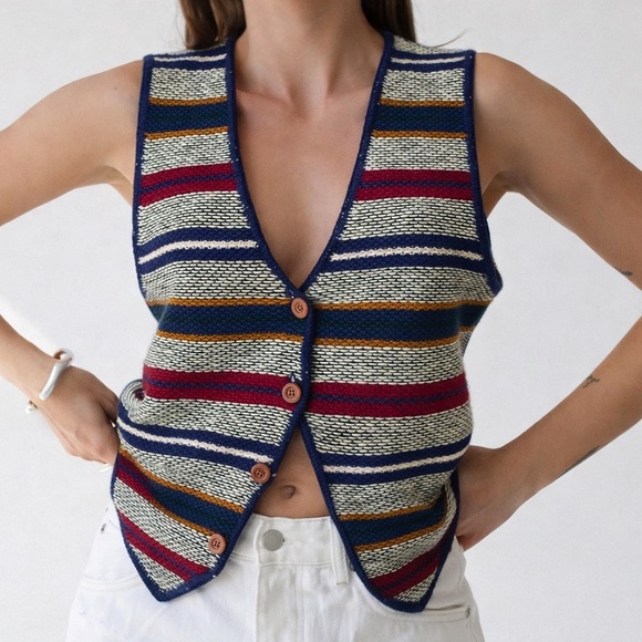 Vintage 80’s Sweater Vest Stripe Button Front Knit Weave Hong Kong Size Medium